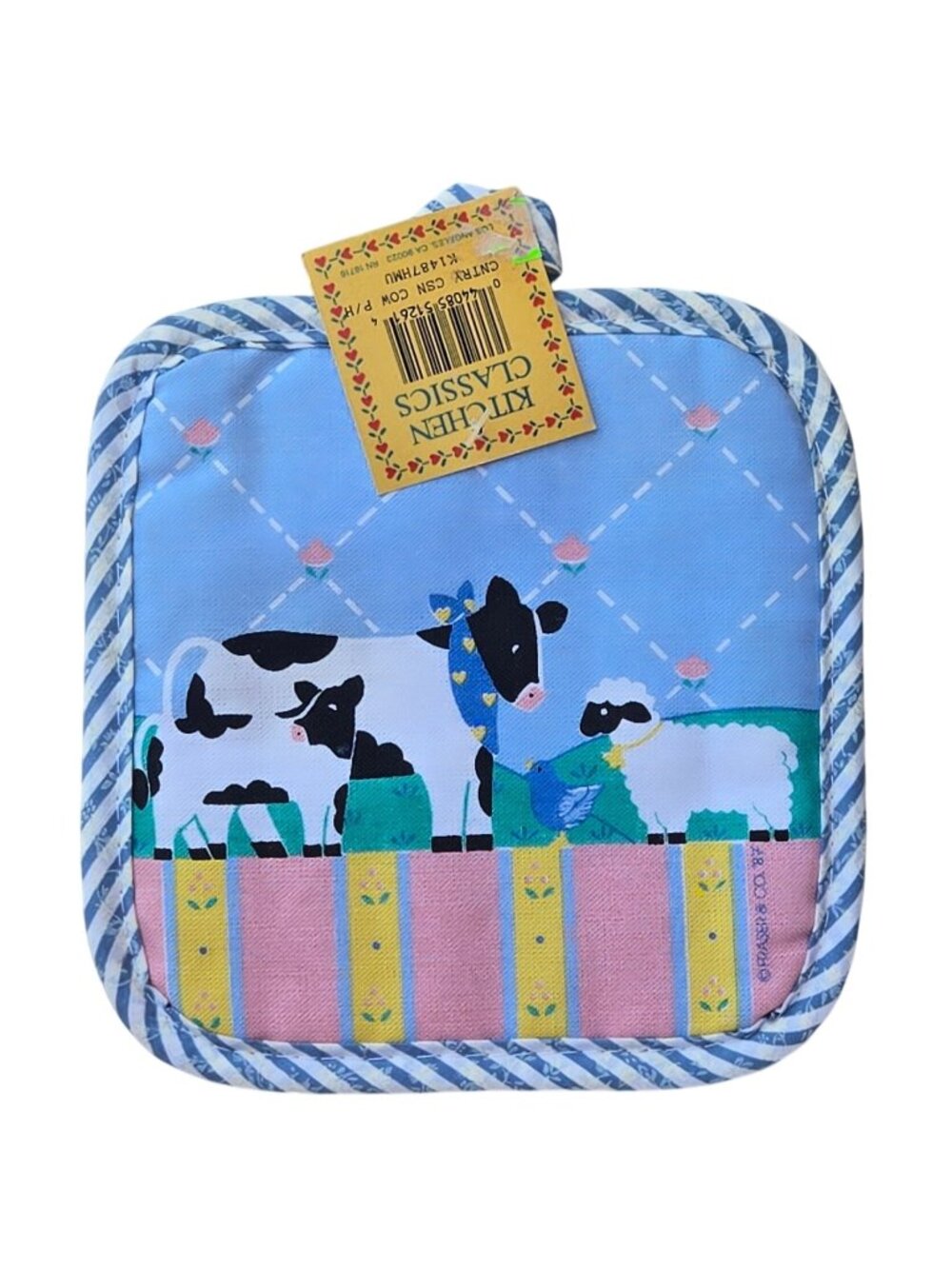 Country Cow Sheep Potholder Vintage 1987 Blue Striped Cozy Cottage Kitchen